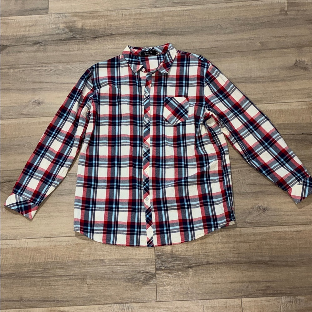 SSLR Men's Red and Blue Plaid Button Up Shirt Size L